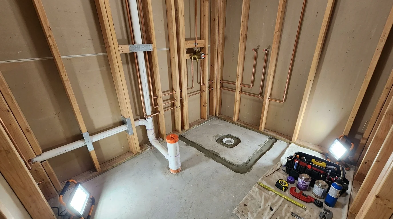 Bathroom rough-in plumbing during remodel by Johns Plumbing LLC in Rio Grande