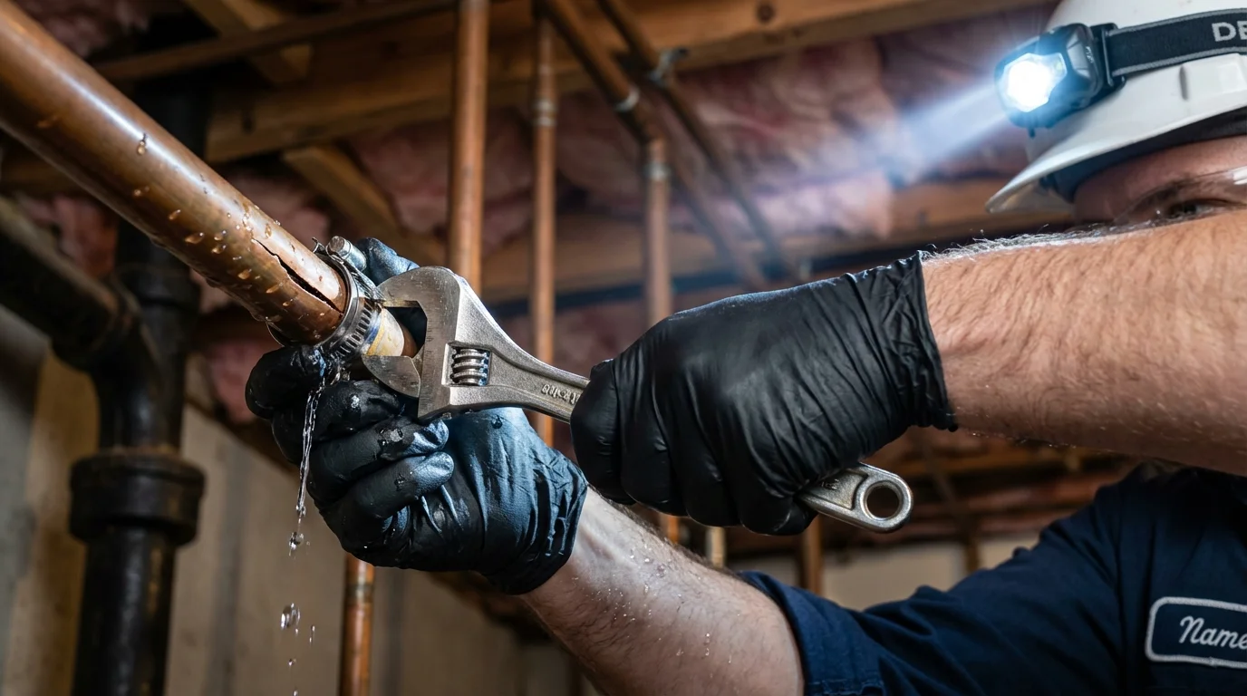Emergency pipe clamp repair being performed by a Johns Plumbing LLC plumber in Rio Grande
