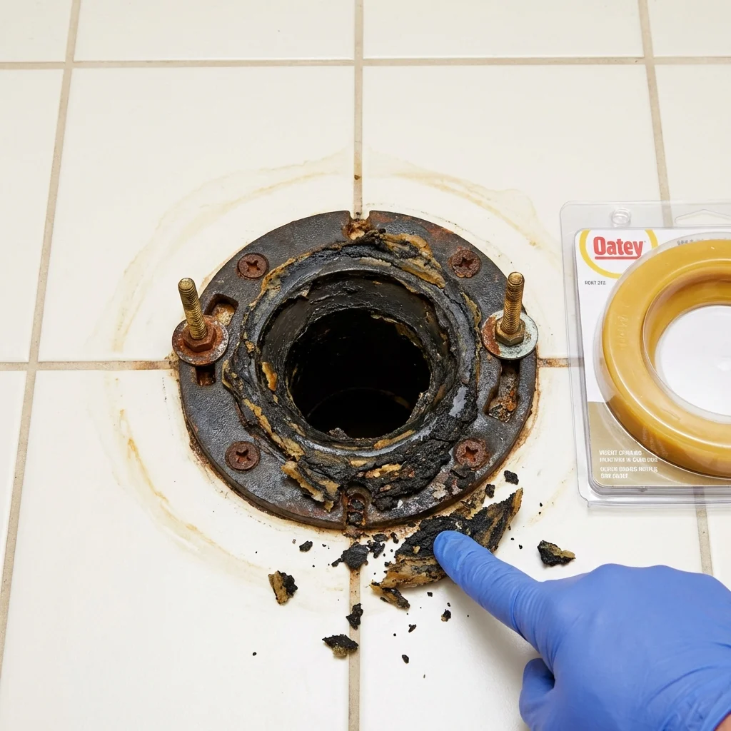Failed wax ring showing water seepage at the base of a toilet in a Rio Grande, NJ home