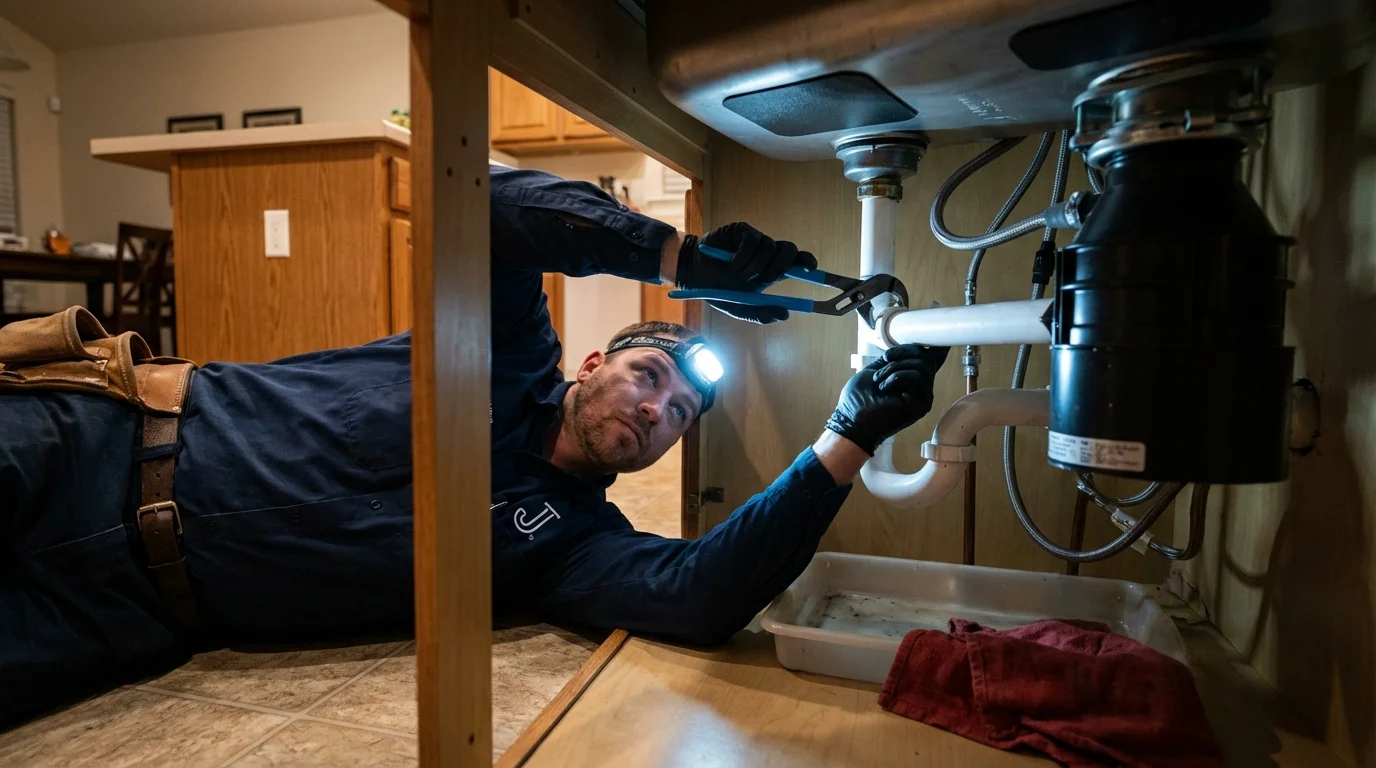 P-trap and supply line connections under a kitchen sink showing a common leak point in Rio Grande, NJ